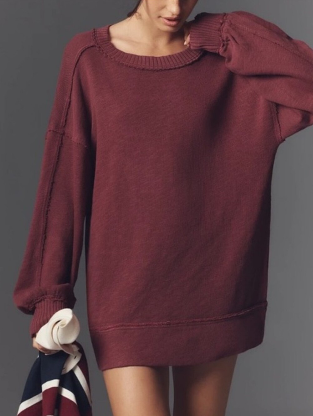 Anthropologie Pilcro Oversized Sweatshirt Red Burgundy Bohemian Distressed Sz S